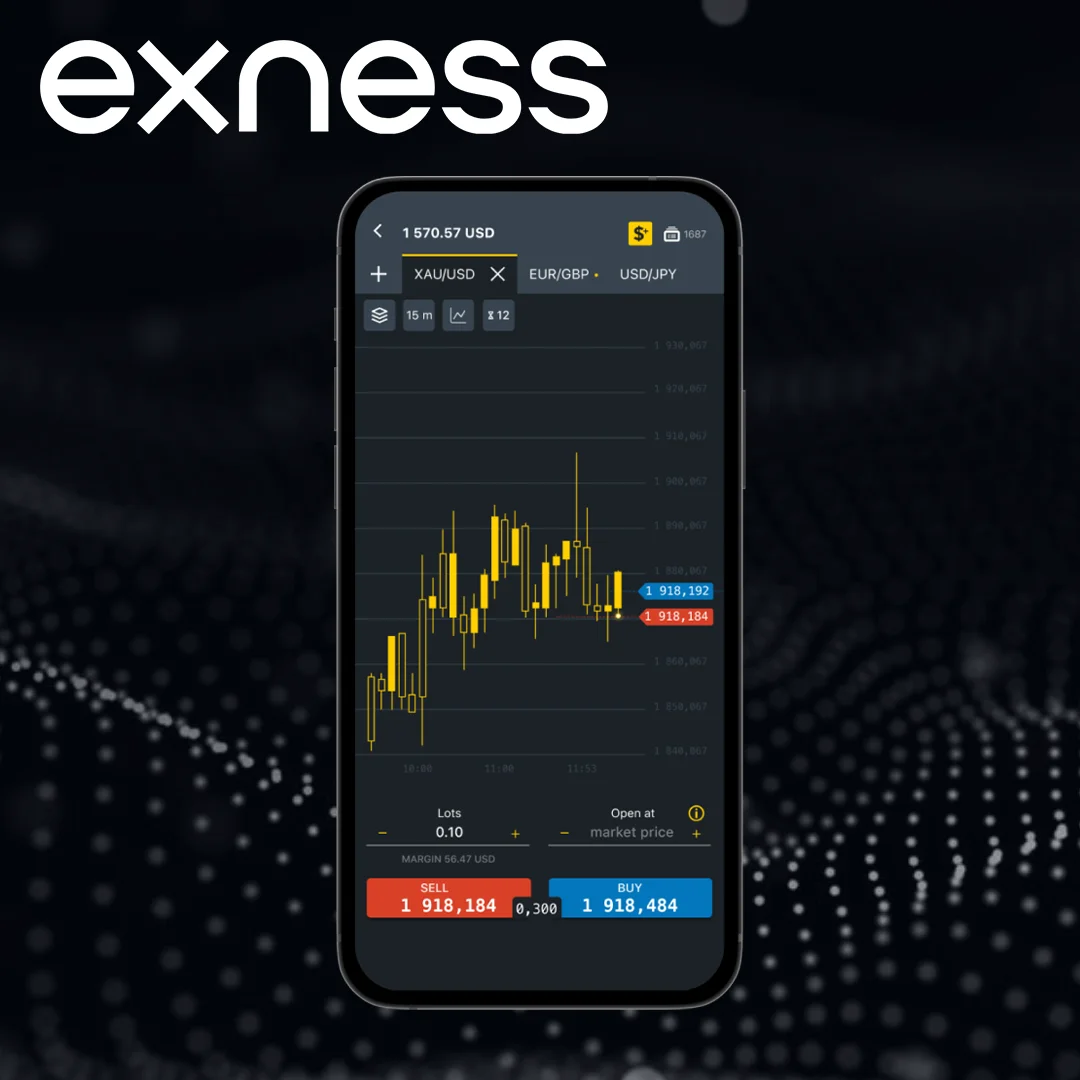 Exness mobile trading app showing forex charts and market data on smartphone