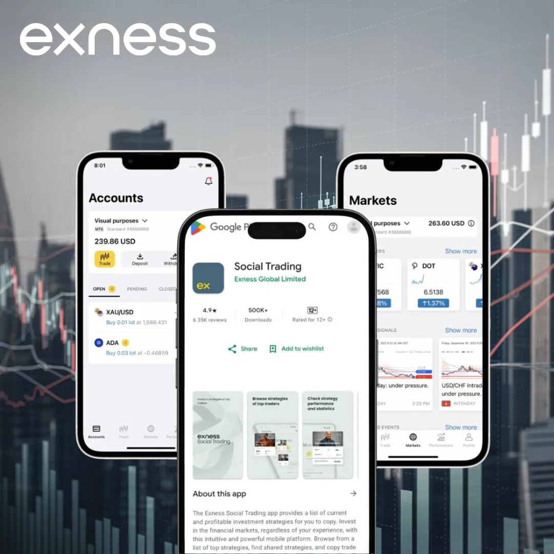 Exness mobile trading app screens showing accounts, social trading, and markets interface