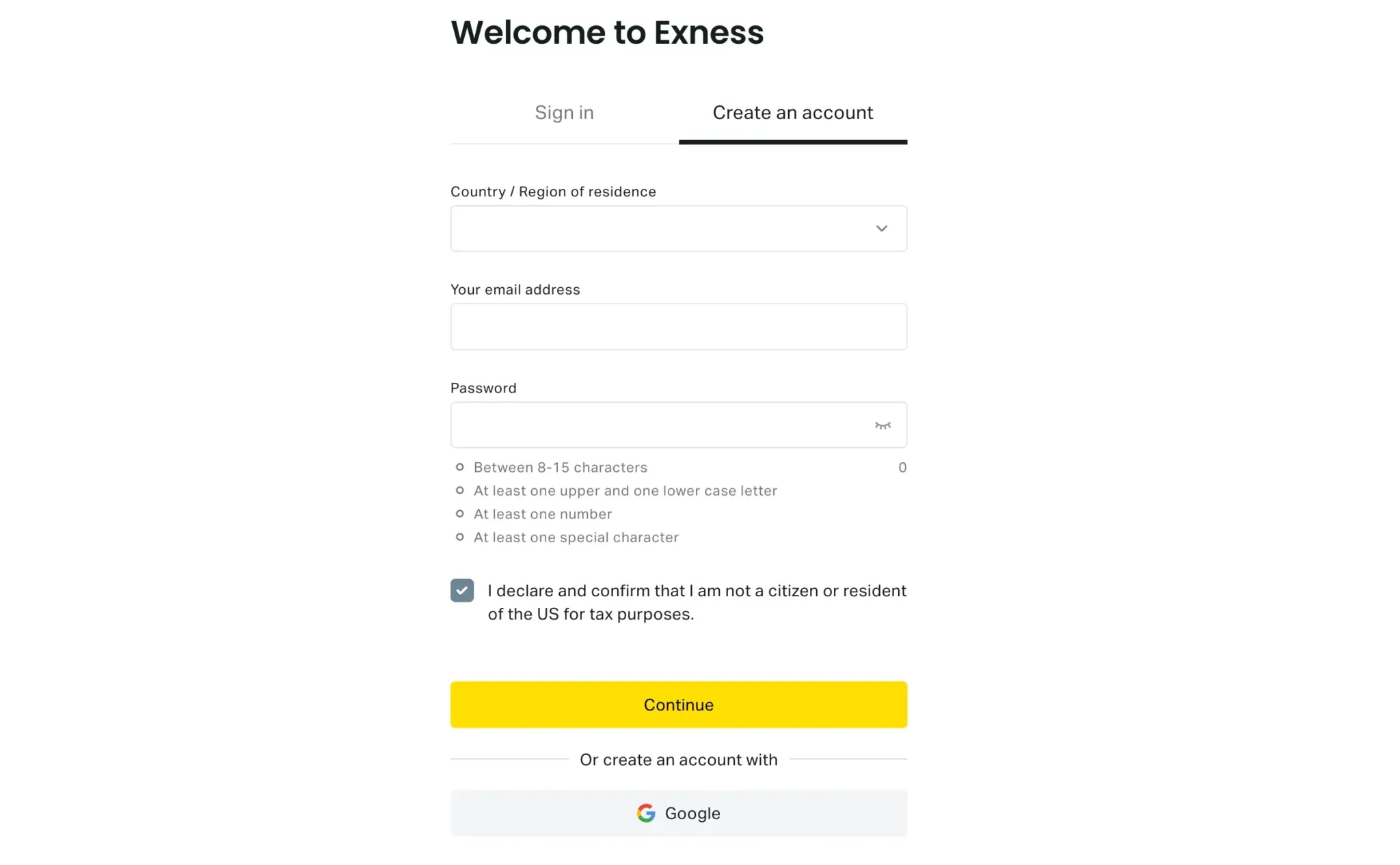 Exness registration page.